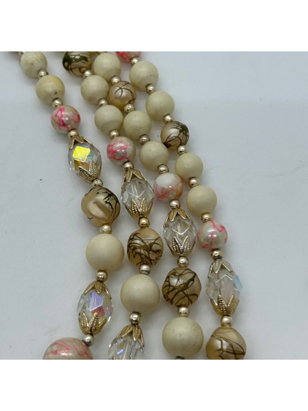 Vintage 4-Strand Japan Necklace Pink Swirl Beads Glass Acrylic Gold-Tone 1950s - Picture 16 of 16
